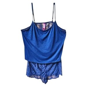 Adore Me 2X Medieval Blue Lace Satin Cami Shorts Lingerie Set